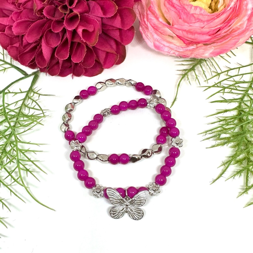 NEW⚜️Butterfly Charm Pink Glass Beaded Set Of 2 Bracelets